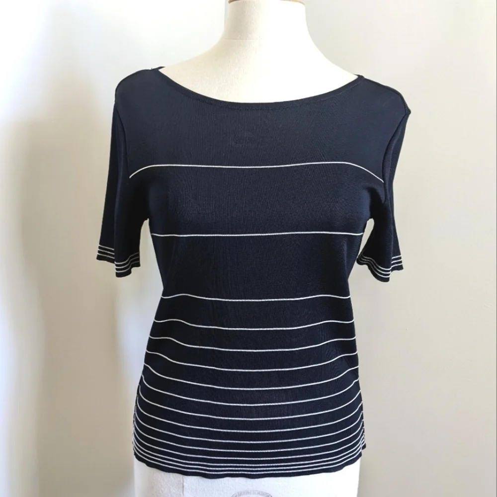 𝅺FINE Knit Navy Blue Short Sleeve Sweater M Striped Top